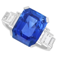 Anello in platino in stile Art Déco con zaffiro di Ceylon da 8,10 carati e diamante da 1,30 carati