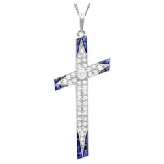 0.30 Carat Sapphire 1.37 Carat Diamond 18k Yellow Gold Cross Pendant Circa 1910