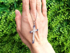0.30 Carat Sapphire 1.37 Carat Diamond 18k Yellow Gold Cross Pendant Circa 1910