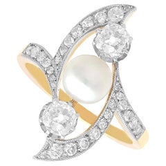 Pearl and 1.14 Carat Diamond 18k Yellow Gold and Platinum Set Dress Ring