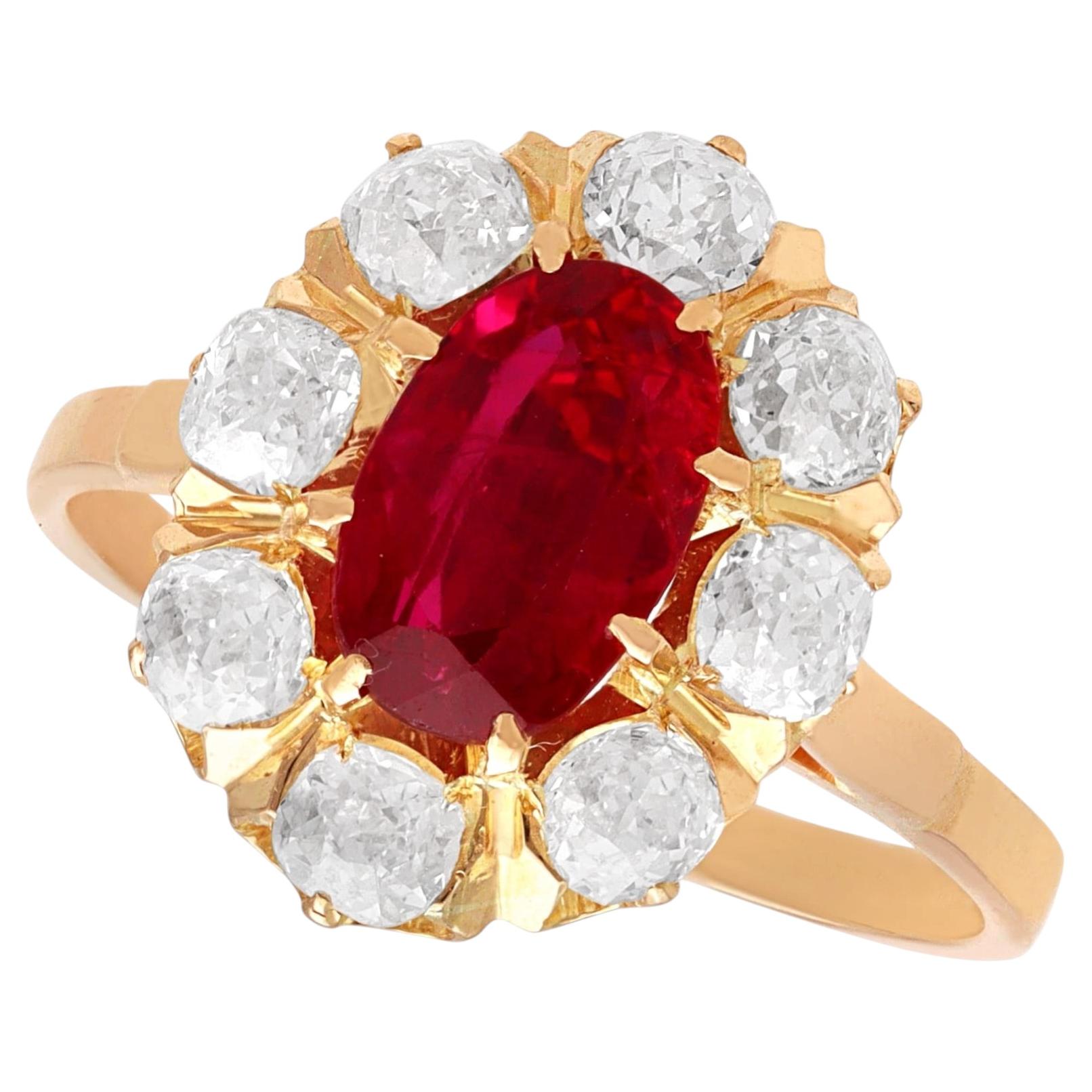 French 2.01 Carat Ruby 1.35 Carat Diamond 18k Rose Gold Cluster Ring Circa 1915