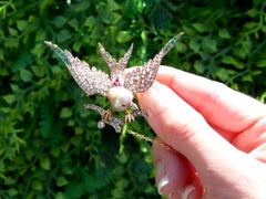 Natural Pearl Emerald Ruby Diamond and 18k Yellow Gold Bird Brooch