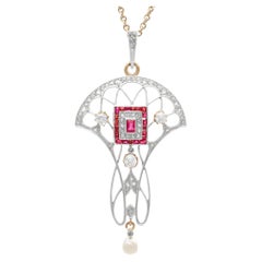 Antique 0.29 Carat Ruby 0.80 Carat Diamond Natural Pearl 10k Yellow Gold Pendant