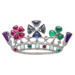 Antique Multi-Gemstone Diamond and 18k White Gold Crown Brooch Circa 1920