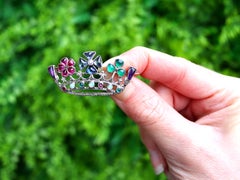 Antique Multi-Gemstone Diamond and 18k White Gold Crown Brooch Circa 1920