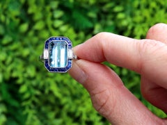 Platinring mit einem 2,62-Karat-Aquamarin, einem 0,96-Karat-Saphir und einem 0,28-Karat-Diamanten