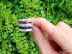 0.80 Carat Sapphire 0.80 Carat Ruby 2.15 Carat Diamond Platinum Ring Circa 1915