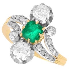 1.12 Carat Diamond & 0.60 Carat Emerald 18k Yellow Gold Twist Ring Circa 1880
