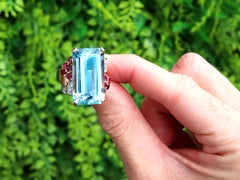 23.20 Carat Aquamarine 0.60Ct Ruby 0.10Ct Diamond 14k Rose Gold Ring Circa 1945