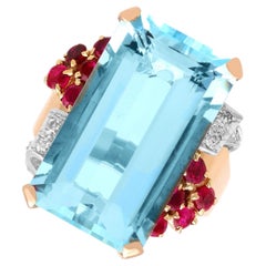 23.20 Carat Aquamarine 0.60Ct Ruby 0.10Ct Diamond 14k Rose Gold Ring Circa 1945