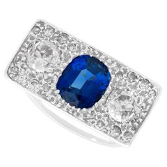 Antique 3 Carat Sapphire and 1.71 Carat Diamond Rectangular Ring in Platinum