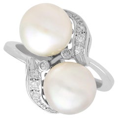 Vintage Pearl and 0.12 Carat Diamond 10k White Gold Cocktail Ring Circa 1950