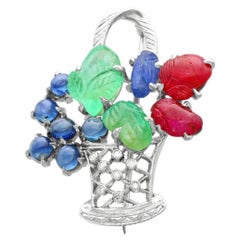 Antique Sapphire Emerald Ruby Diamond 18k White Gold Tutti Frutti Basket Brooch