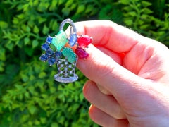 Antique Sapphire Emerald Ruby Diamond 18k White Gold Tutti Frutti Basket Brooch