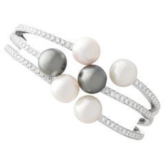 Cultured Pearl and 4.50 Carat Diamond 14k White Gold Bangle Circa 2000