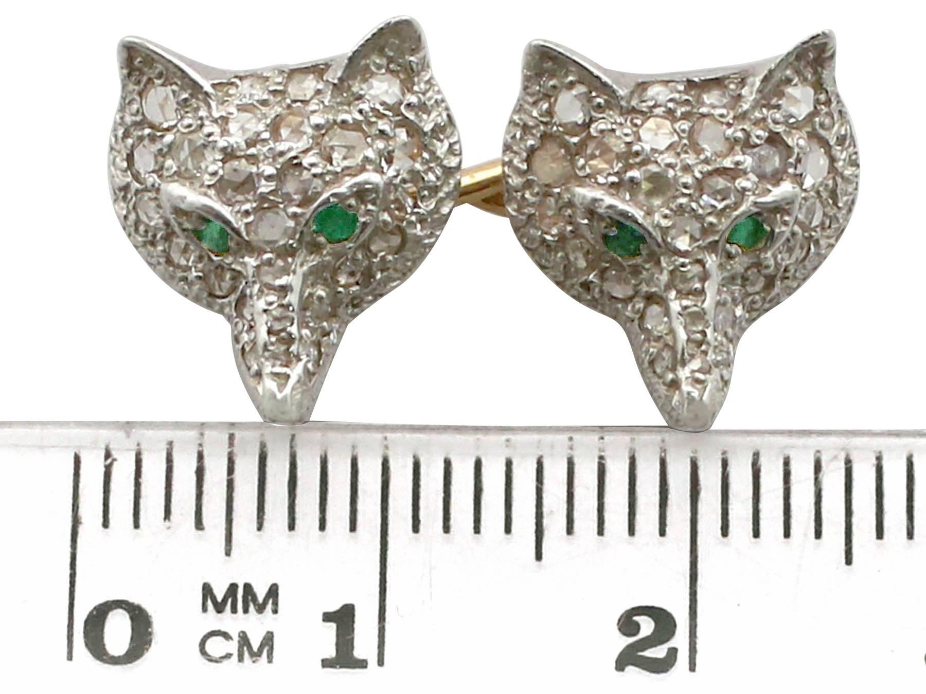 Women's or Men's Diamond and Emerald Silver Fox Head Cufflinks