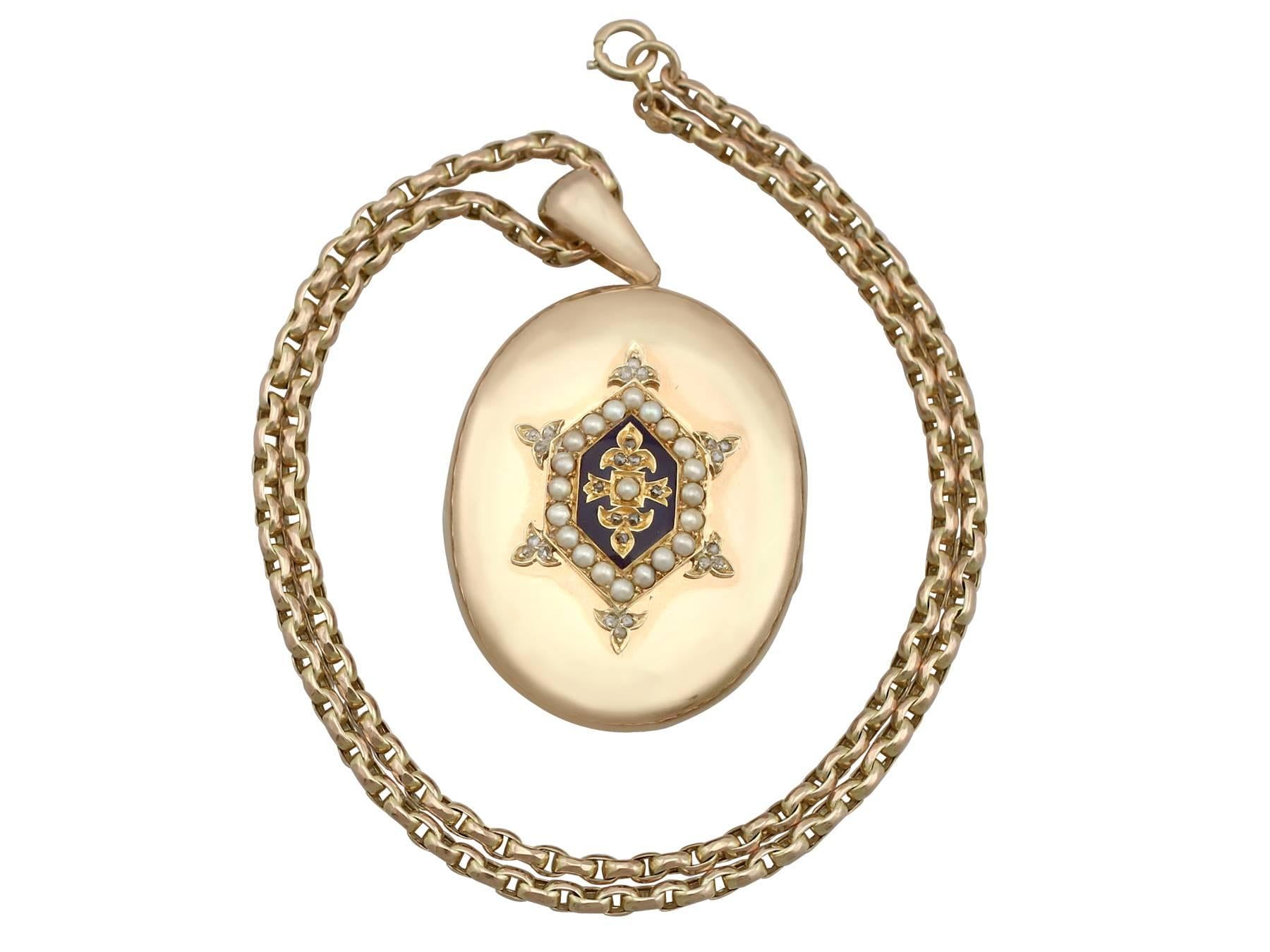 An impressive Victorian 0.20 carat diamond and seed pearl, enamel and 14 carat yellow gold locket pendant; part of our diverse antique jewellery collections.

This fine and impressive antique Victorian locket pendant has been crafted in 14 ct yellow