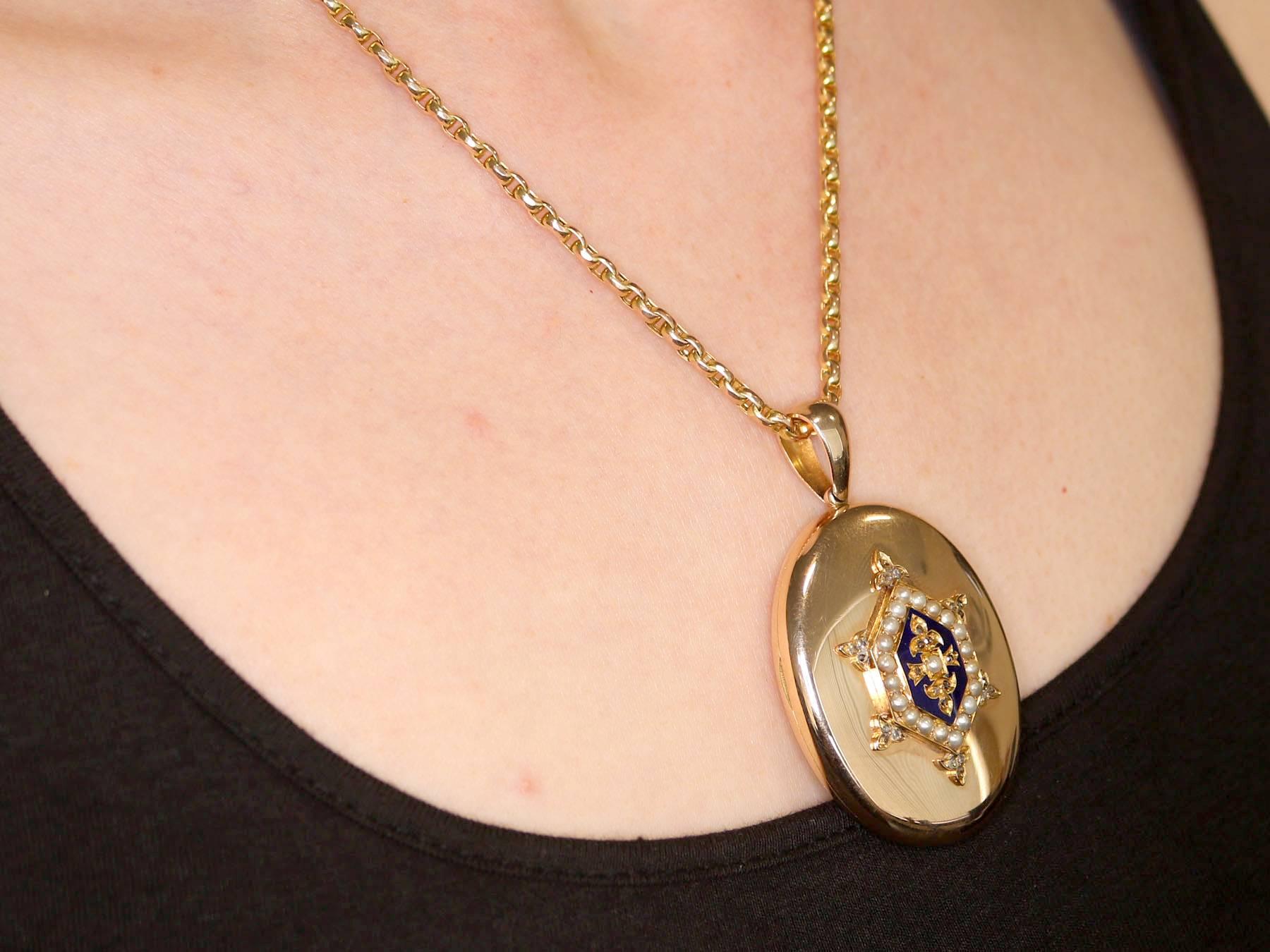 1890s Antique Victorian Diamond and Seed Pearl Enamel and Yellow Gold Locket 6