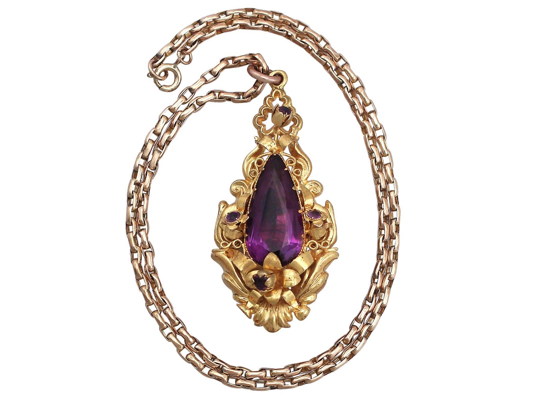 A stunning Victorian 13.30 carat amethyst and 21 carat yellow gold pendant with a 9 carat yellow gold belcher chain; part of our diverse antique jewellery collections.

This exceptional, fine and impressive Victorian amethyst pendant has been