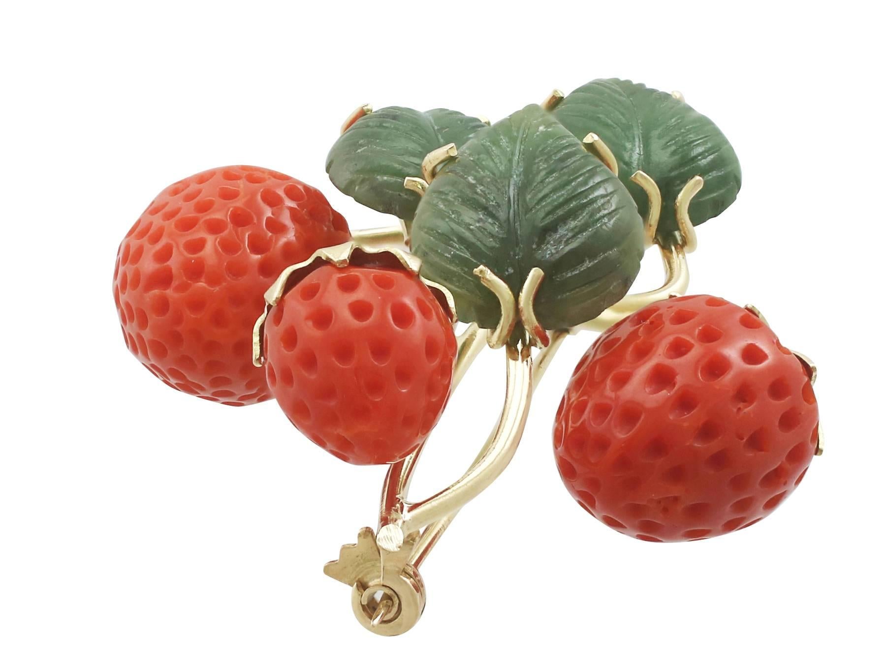 18kt gold strawberry jade and coral pin