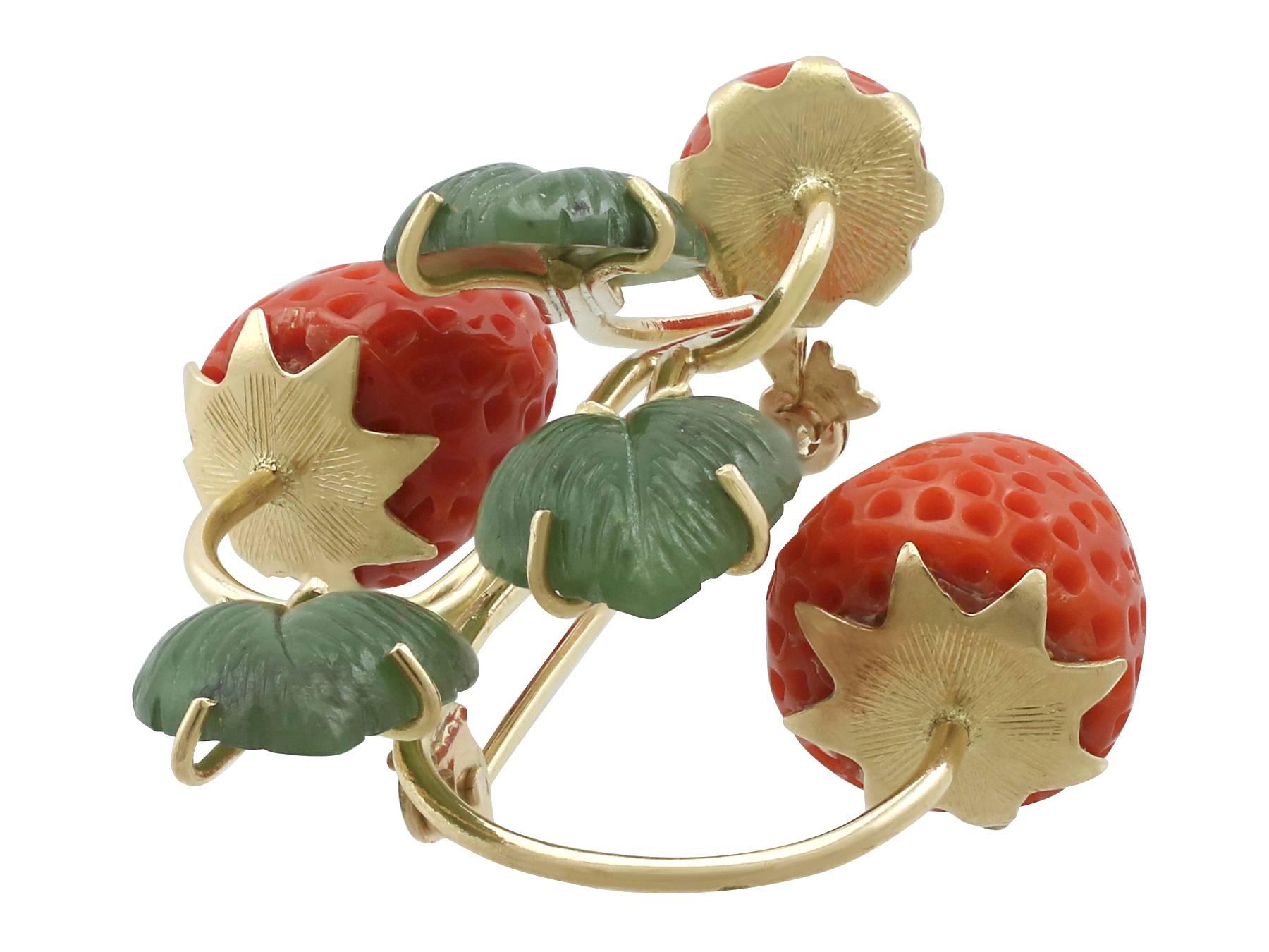 18kt gold strawberry jade and coral pin