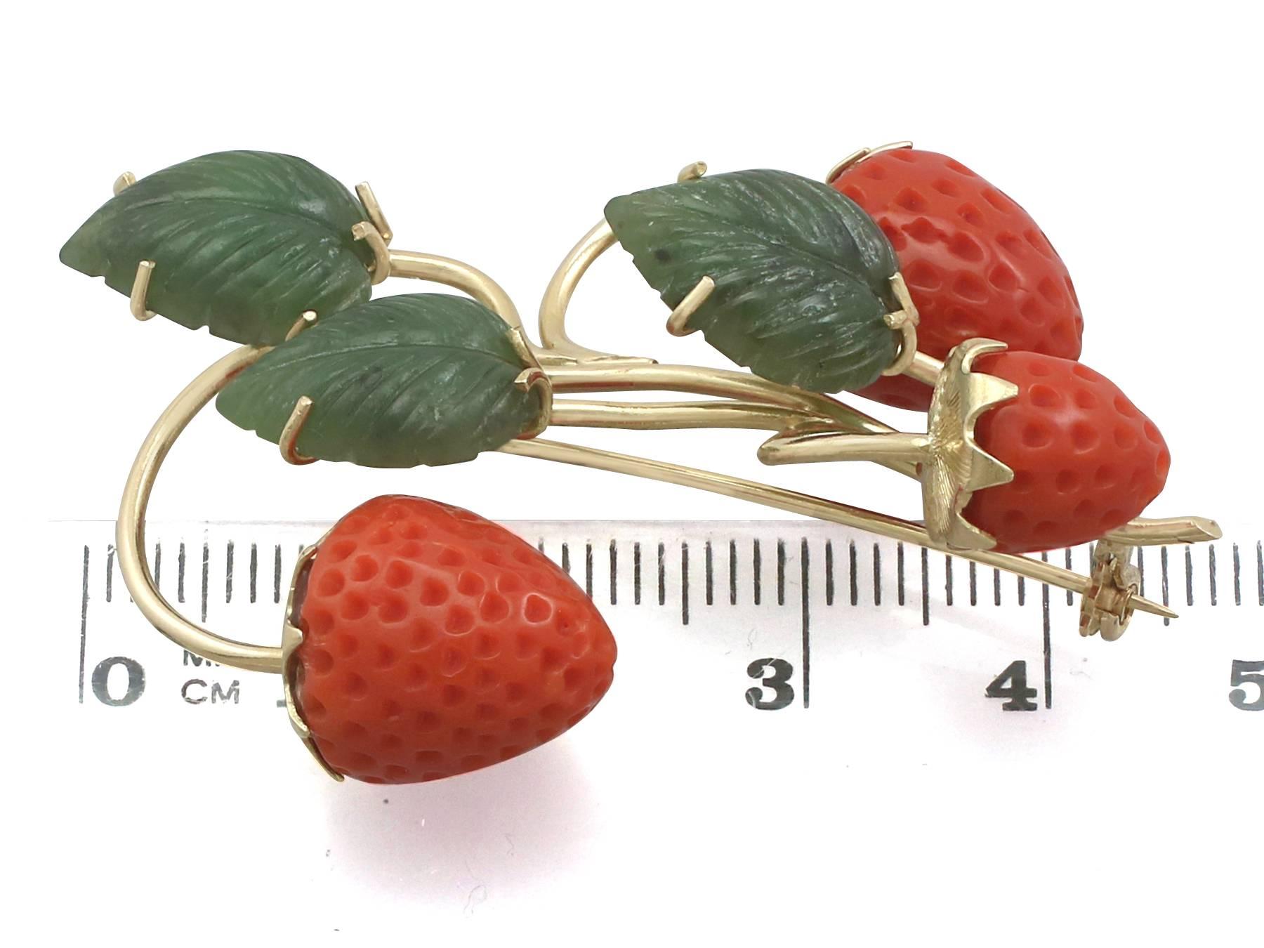 Women's or Men's 1950s Nephrite Jade and Red Coral Yellow Gold 'Strawberry' Brooch