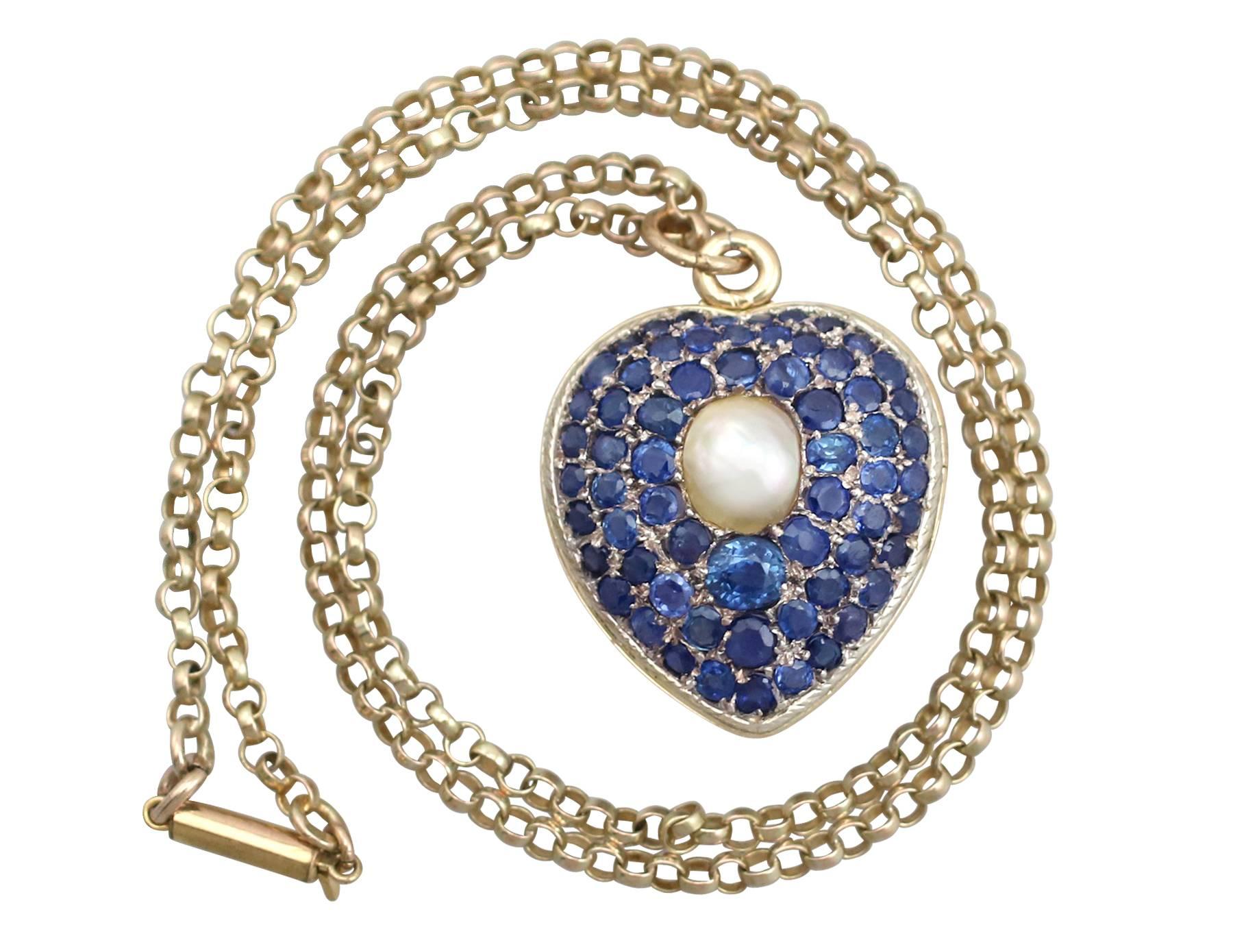 A stunning Victorian natural pearl and 3.49 carat sapphire and 18 carat yellow gold, 18 carat white gold set locket; part of our diverse antique jewellery collections.

This stunning, fine and impressive sapphire heart locket has been crafted in 18