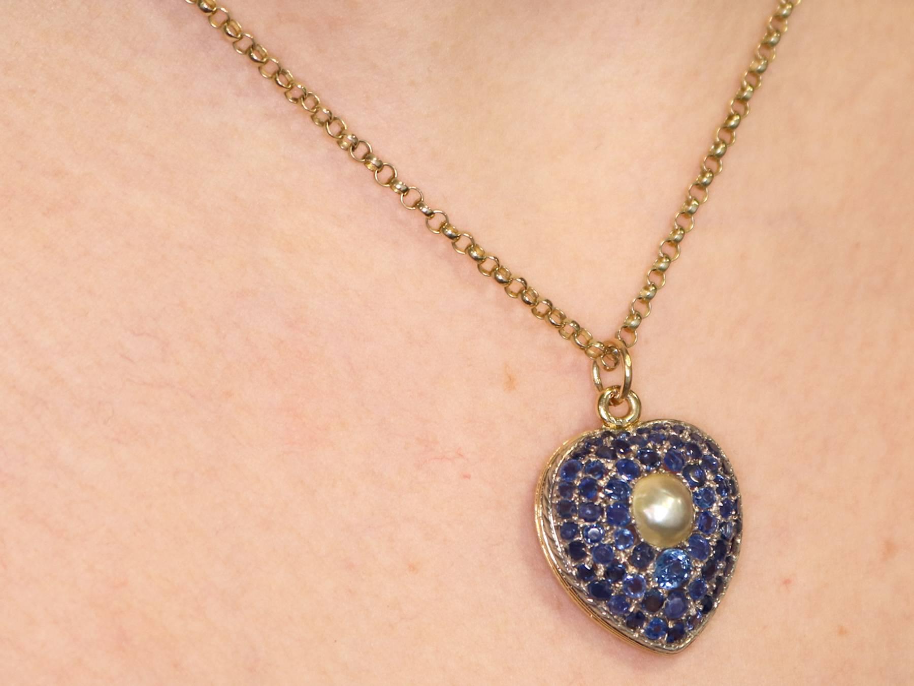 Antique Pearl and 3.49 Carat Sapphire 18 Karat Yellow Gold Heart Locket 5