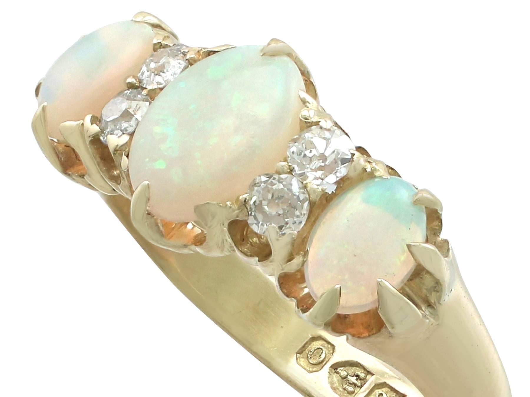 Antique 1.25 Carat Opal 0.20 Carat Diamond 18 Karat Yellow Gold Trilogy Ring In Excellent Condition In Jesmond, Newcastle Upon Tyne