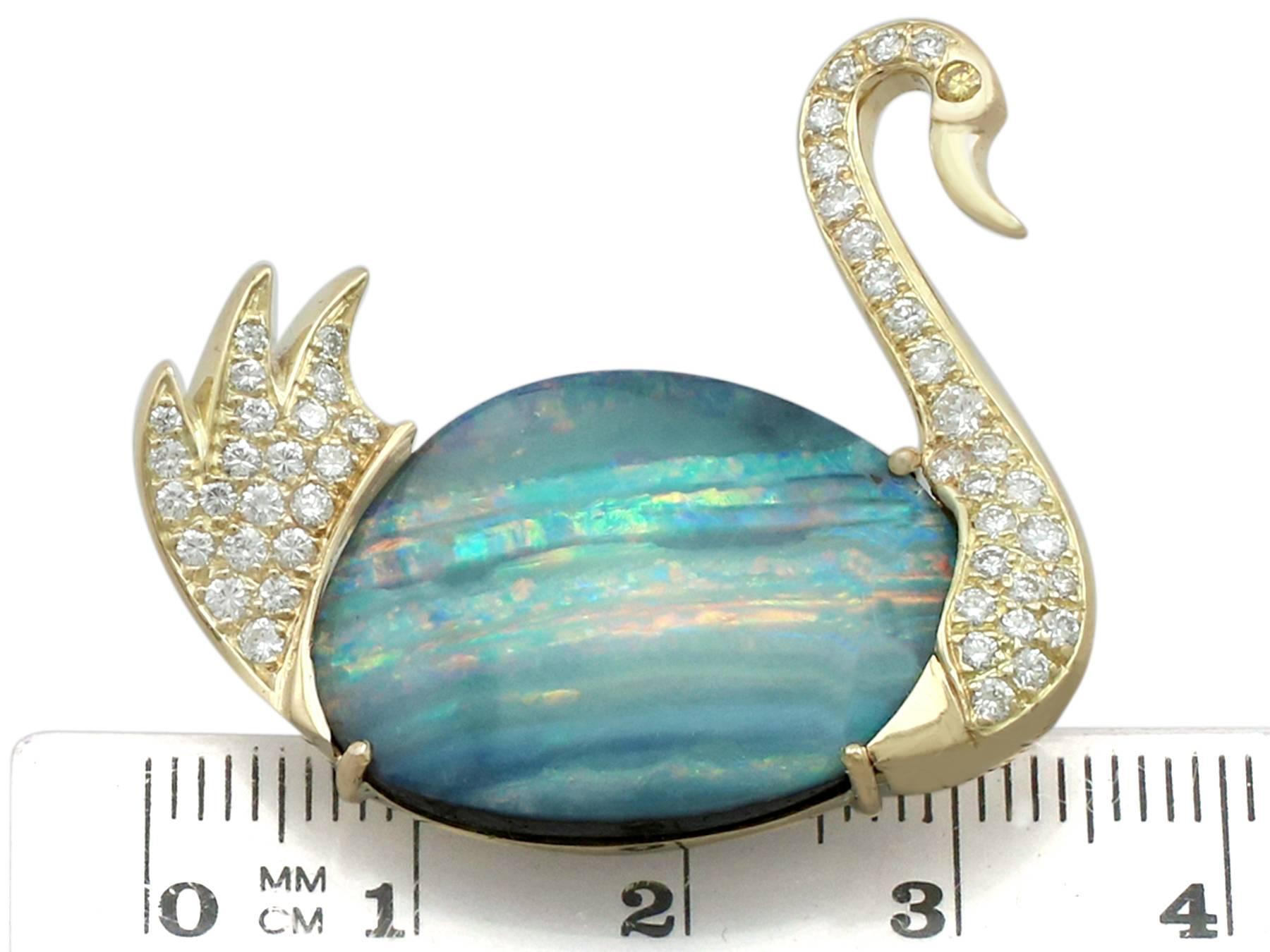 1980s 13.79 Carat Opal 1.15 Carat Diamond 18 Karat Yellow Gold 'Swan' Brooch 3