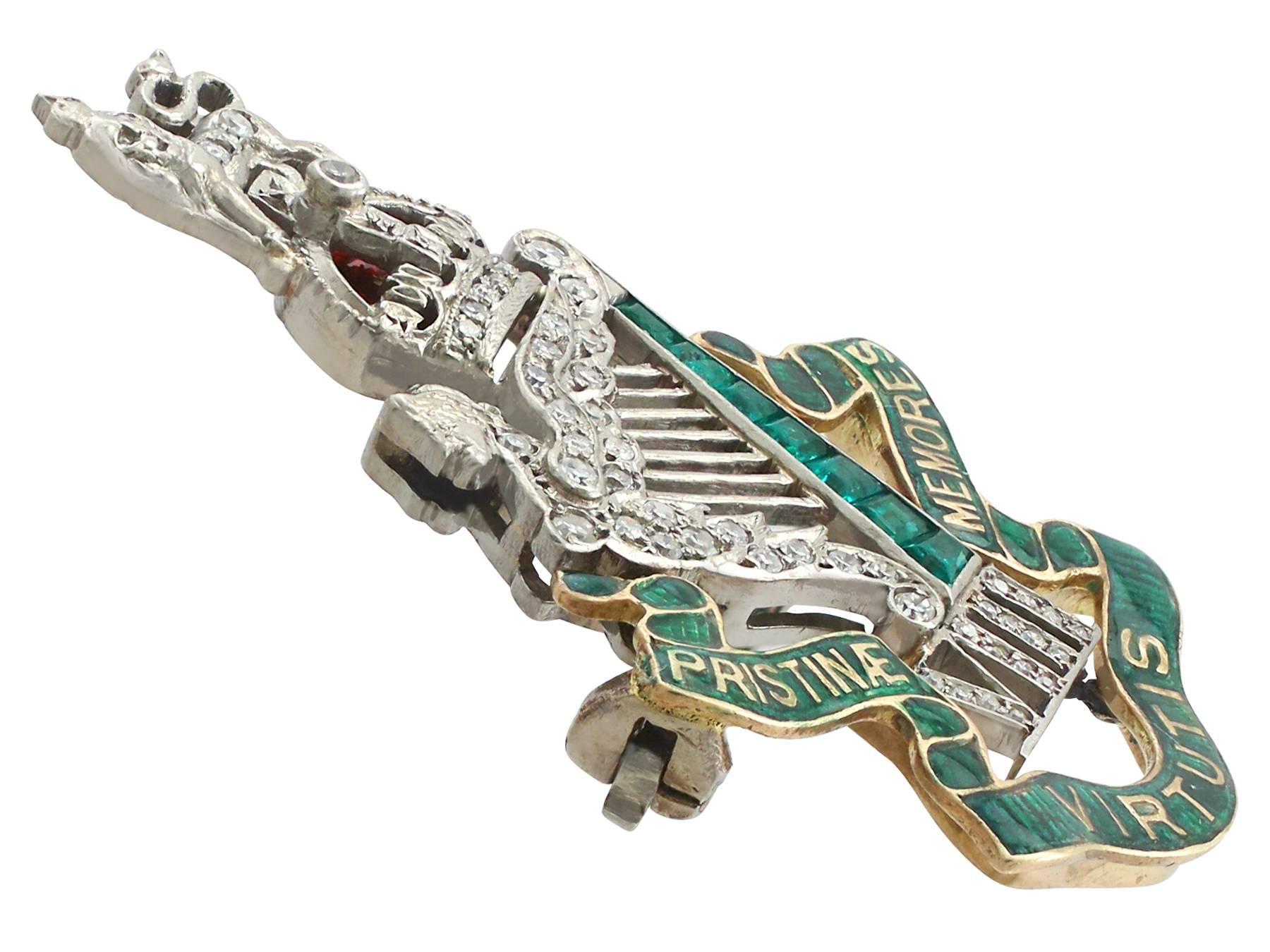 1920s Antique Diamond Emerald and Yellow Gold Platinum Military Brooch In Excellent Condition In Jesmond, Newcastle Upon Tyne