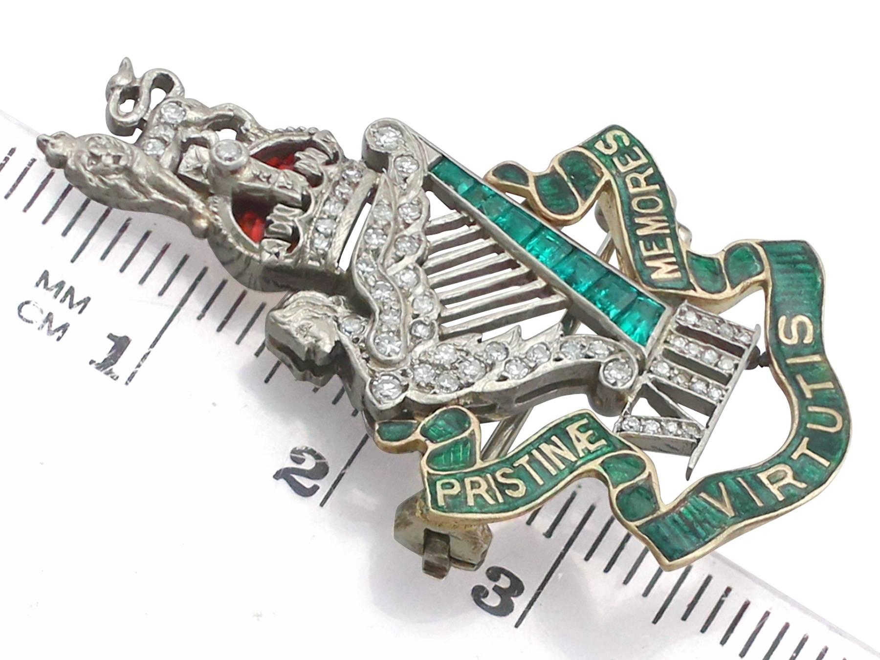 1920s Antique Diamond Emerald and Yellow Gold Platinum Military Brooch 3