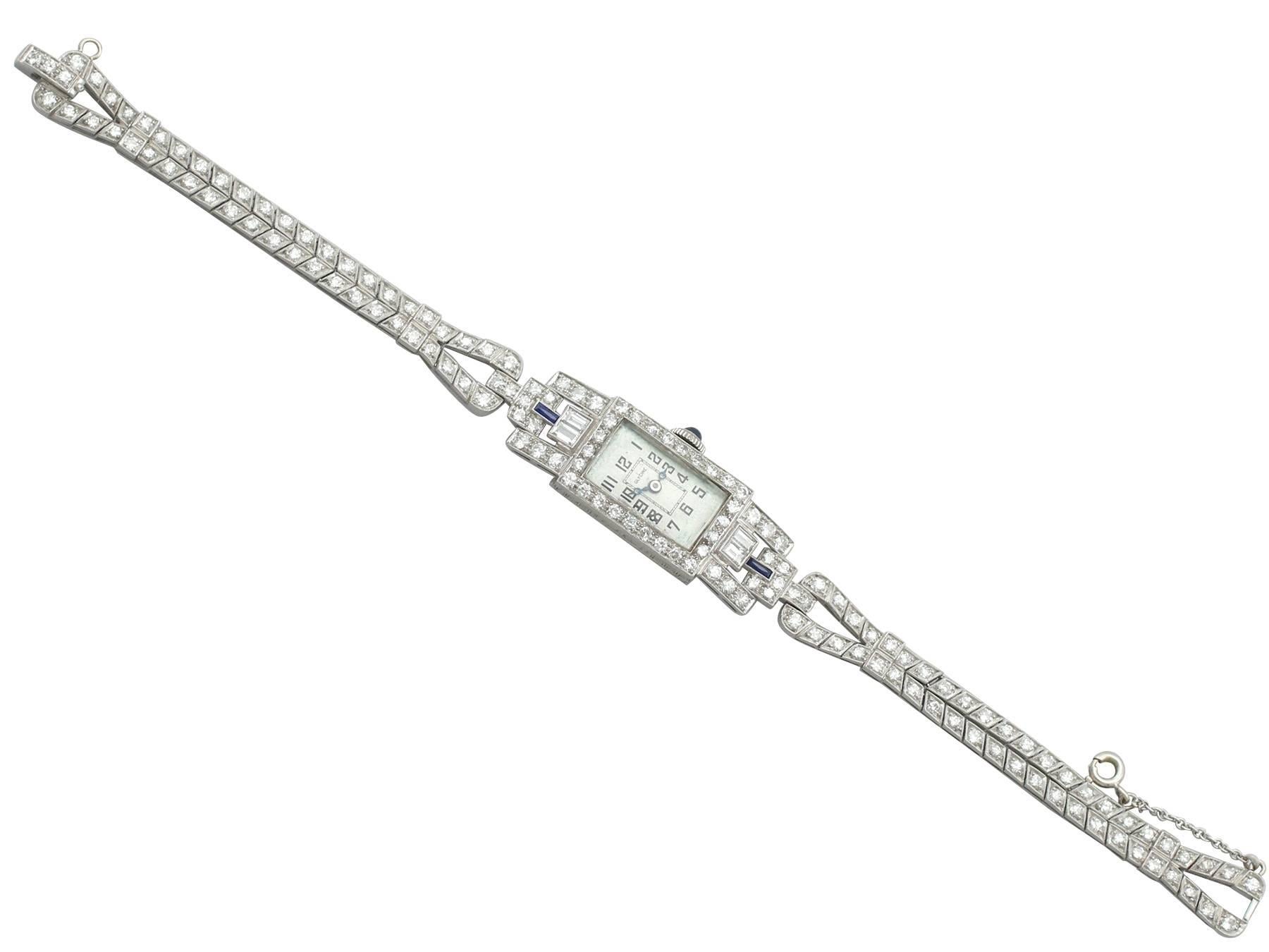 Baguette Cut Art Deco 4.21 Carat Diamond and Sapphire Platinum Cocktail Watch