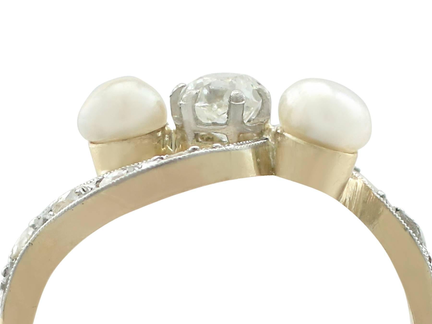 An impressive antique French seed pearl and 0.45 carat diamond, 18 karat yellow gold and 18 karat white gold set twist ring; part of our diverse antique jewellery collections.

This fine and impressive pearl and diamond twist ring has been crafted