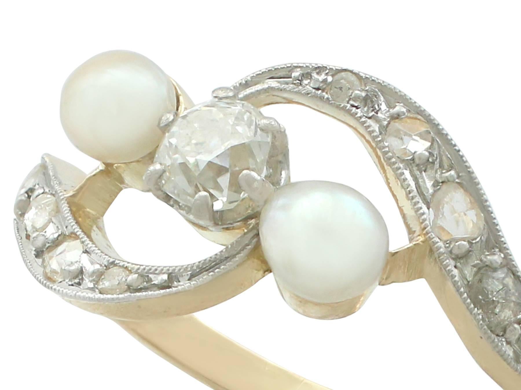 Round Cut 1920s Antique Pearl and Diamond Yellow Gold Twist Ring