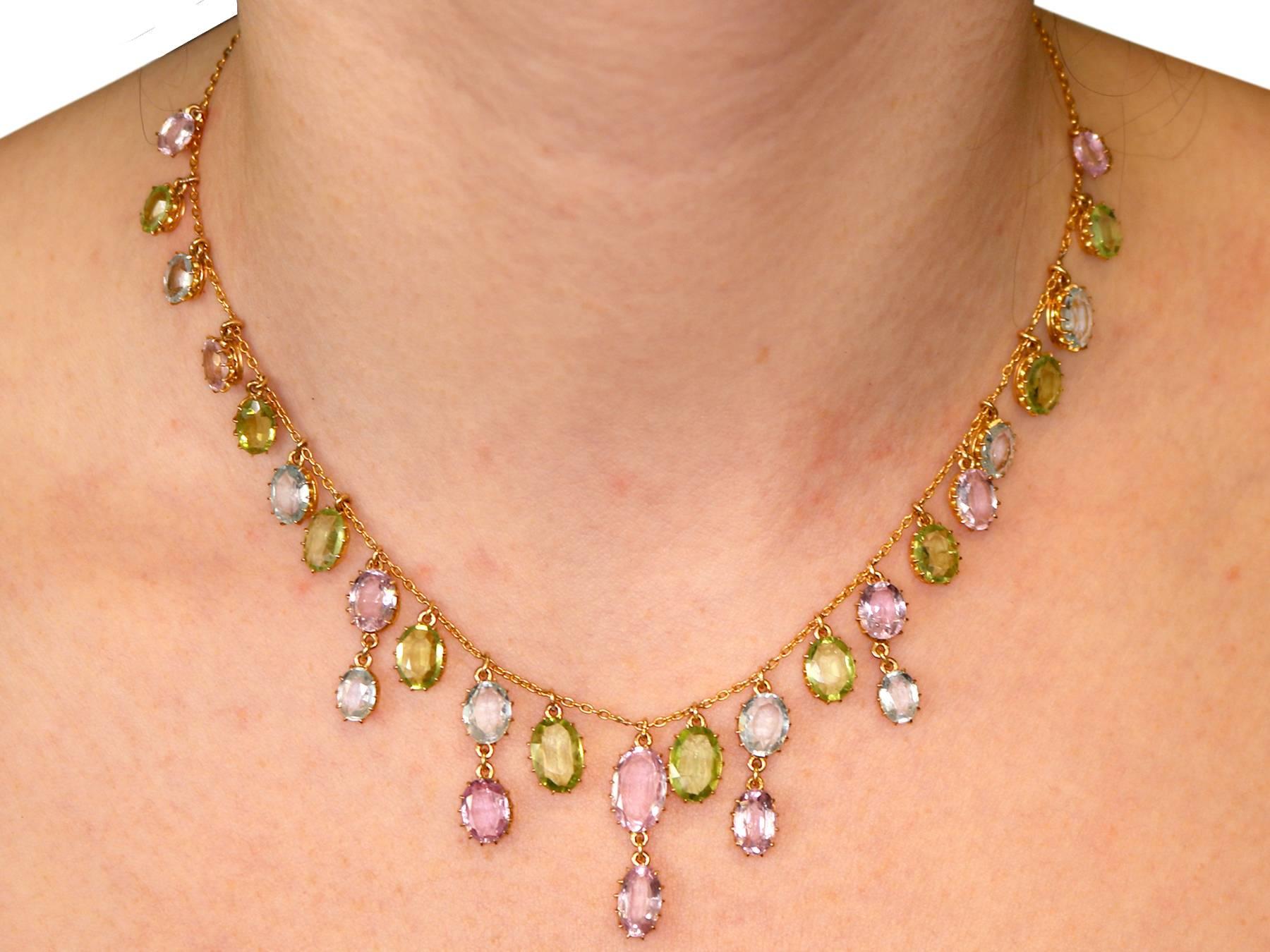 1900s 25.87 Ct Rose Quartz Peridot, Aquamarine and 18k Yellow Gold Necklace 2