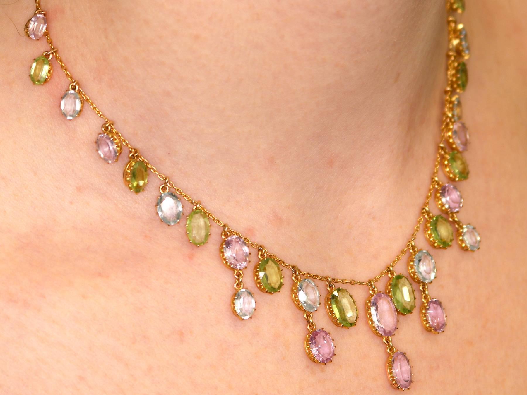 1900s 25.87 Ct Rose Quartz Peridot, Aquamarine and 18k Yellow Gold Necklace 3