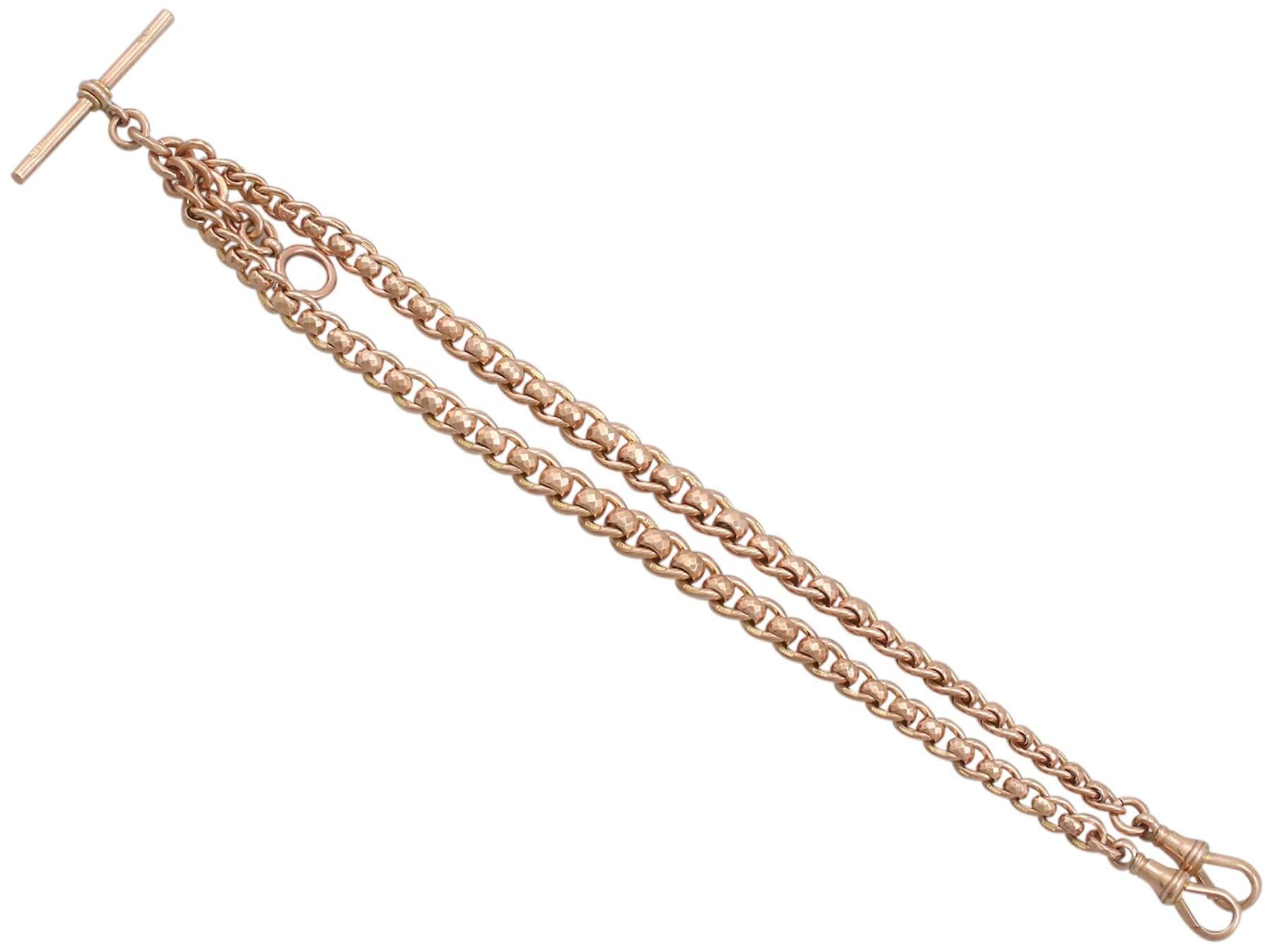 An exceptional, rare and unusual example of a 9 karat rose gold double Albert watch chain; part of our diverse antique jewelry and estate jewelry collections.

This exceptional, fine and impressive rare rose gold Albert watch chain has been crafted