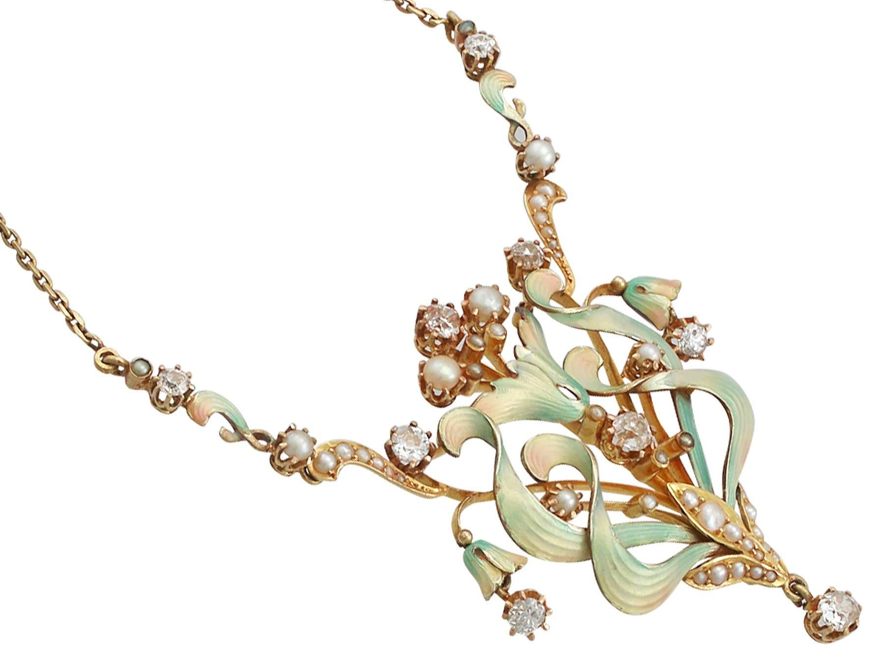 Art Nouveau 1900s 1.42 Carat Diamond and Seed Pearl Enamel Yellow Gold Necklace