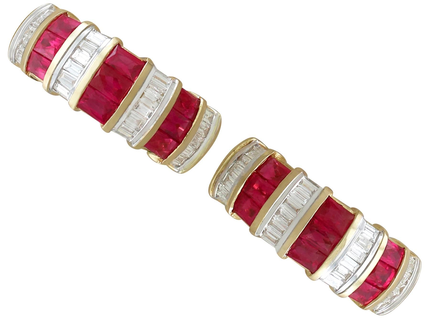 A stunning pair of contemporary European 1.80 carat ruby and 1.05 carat diamond, 18 karat yellow gold drop earrings; part of our diverse gemstone jewelry collections

These exceptional, fine and impressive contemporary ruby and diamond earrings have