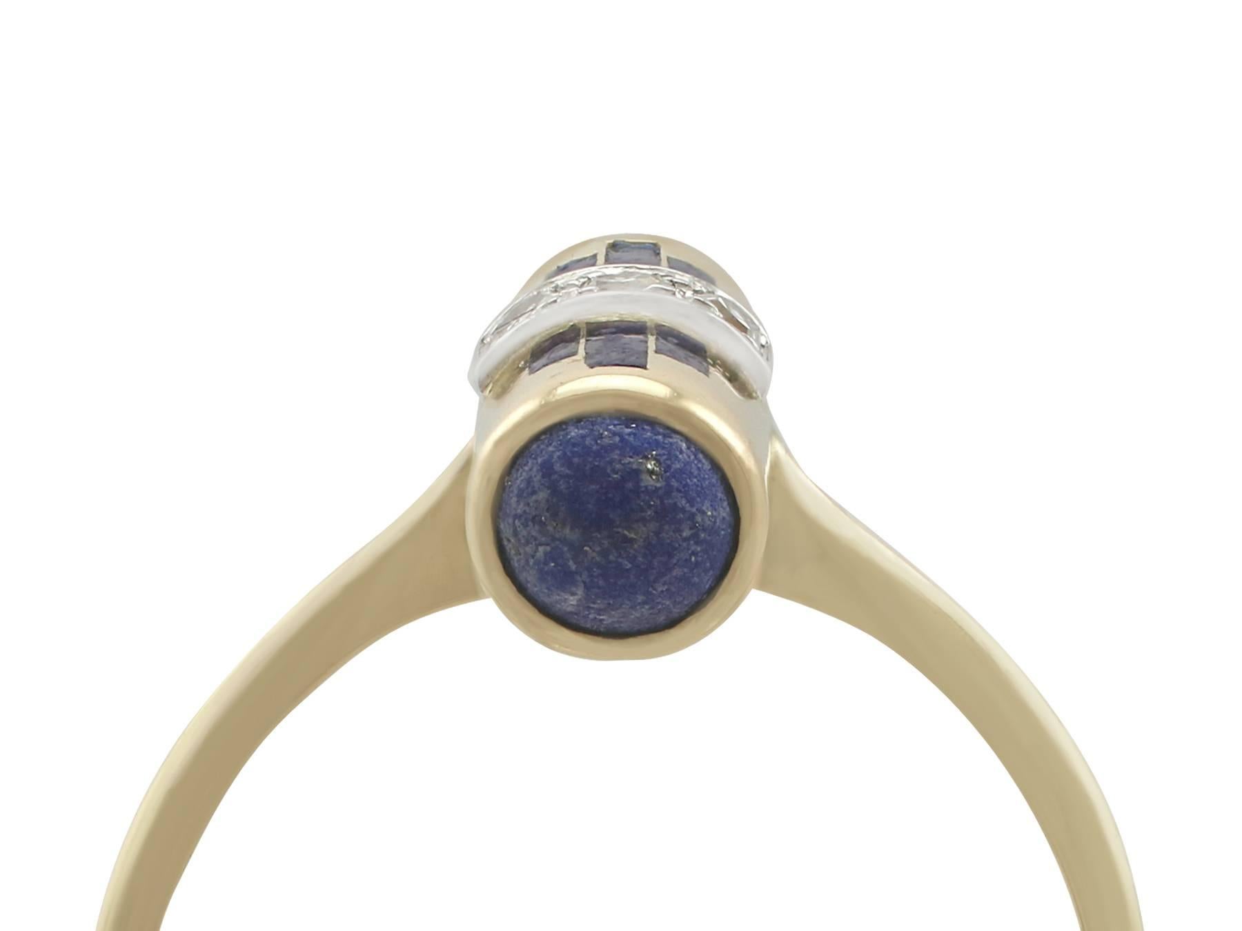 An impressive antique Art Deco lapis lazuli and 0.03 carat diamond, blue enamel and 18 karat yellow gold, platinum set dress ring; part of our diverse gemstone jewelry collections

This fine and impressive lapis lazuli ring has been crafted in 18k