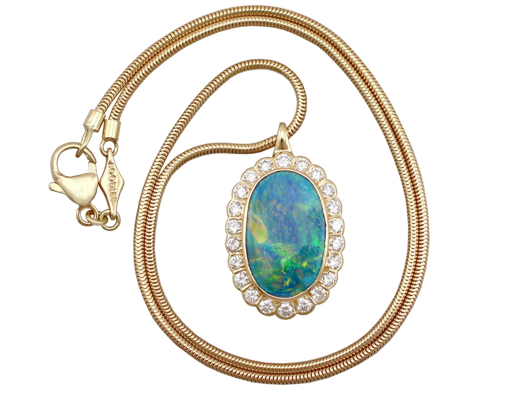 A stunning vintage 1980's 4.39 carat opal and 1.10 carat diamond, 18 karat yellow gold pendant and chain by Boodles; part of our diverse jewellery collections.

This stunning, fine and impressive vintage opal pendant has been crafted in 18k yellow