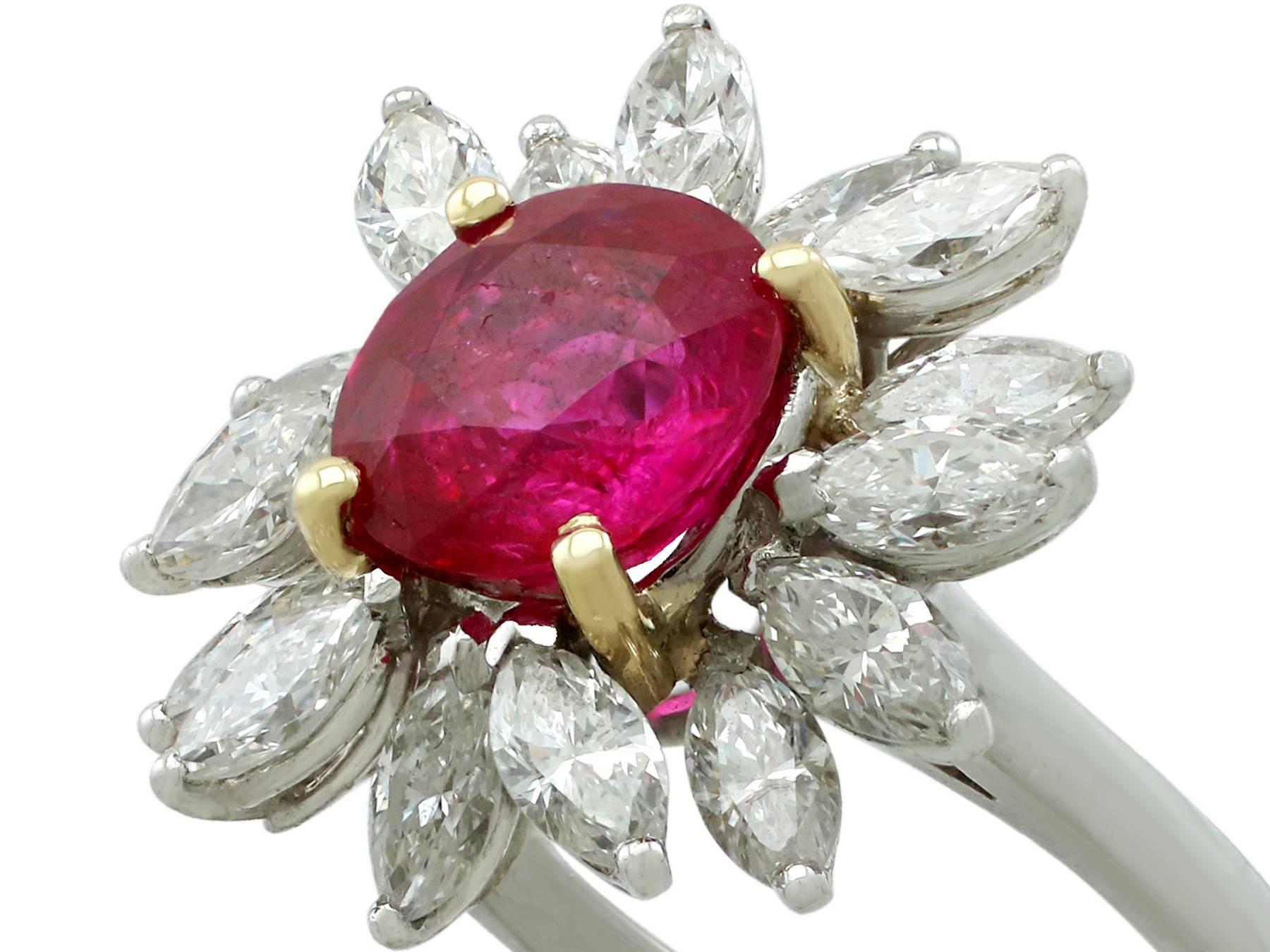 Marquise Cut French 2.30 Carat Ruby and 1.65 Carat Diamond Platinum Cluster Ring Circa 1960