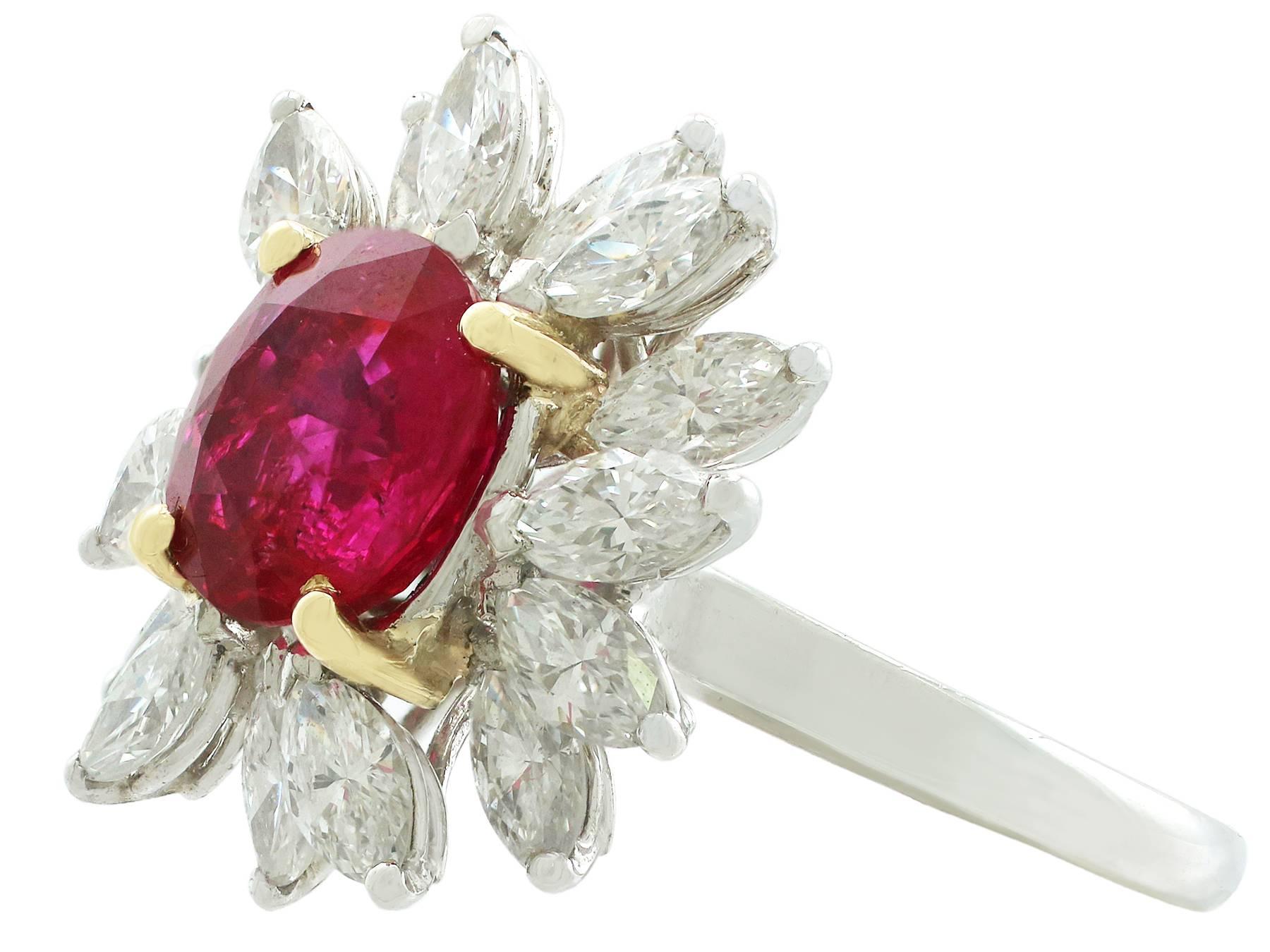 French 2.30 Carat Ruby and 1.65 Carat Diamond Platinum Cluster Ring Circa 1960 In Excellent Condition In Jesmond, Newcastle Upon Tyne