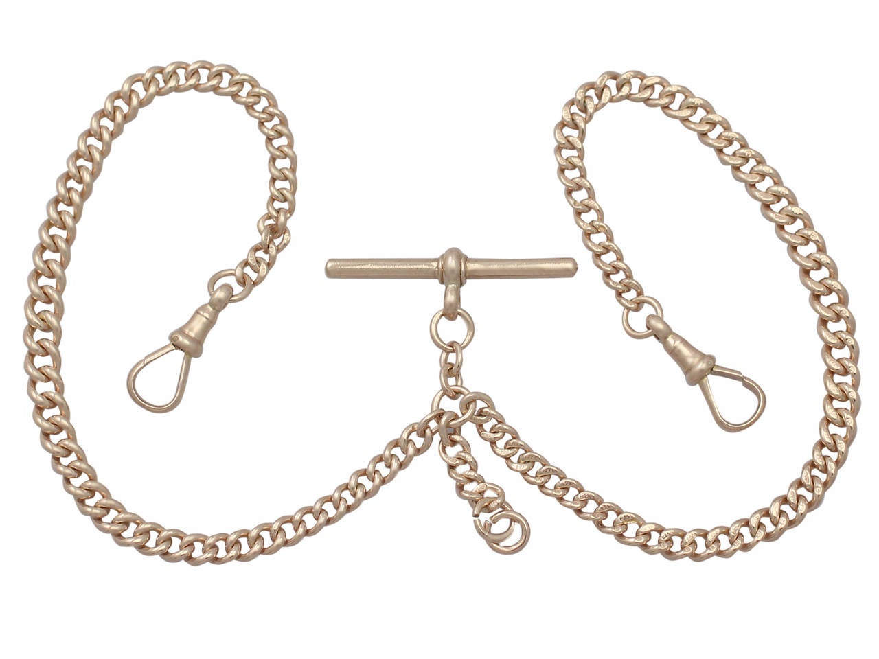 A fine and impressive antique 9 karat rose gold double Albert watch chain; part of our antique jewelry and estate jewelry collections

This impressive antique watch chain has been crafted in 9k rose gold.

The rounded curb links that make up this