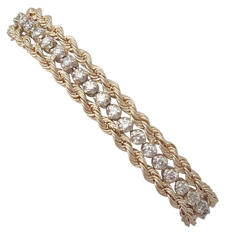 Vintage 1.50Ct Diamond and 14k Yellow Gold Rope Twist Bracelet Circa
