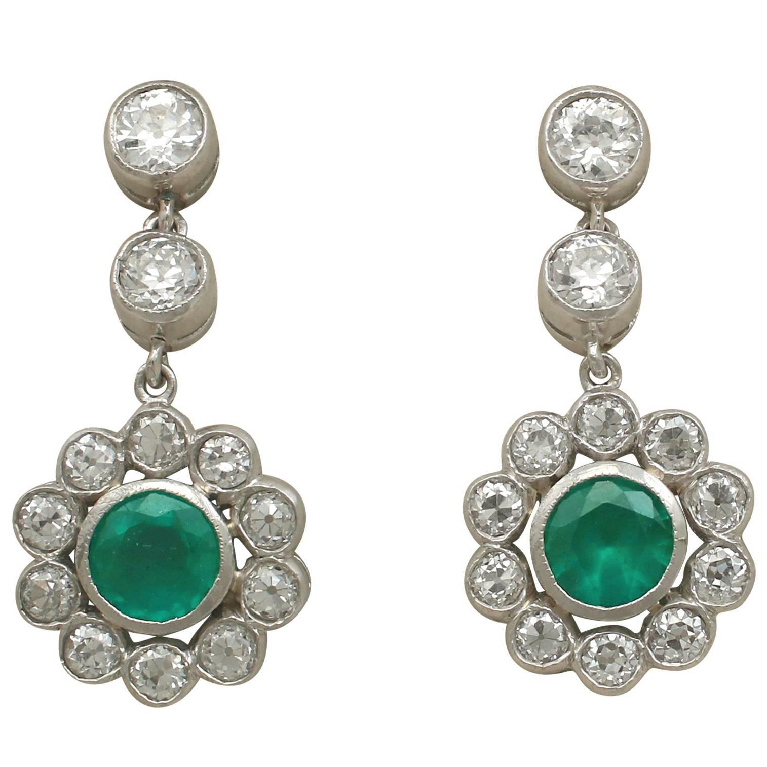 Antique Emerald and 1.82 Carat Diamond White Gold Drop Earrings Circa