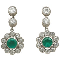 Antique Emerald and 1.82 Carat Diamond White Gold Drop Earrings Circa 1930