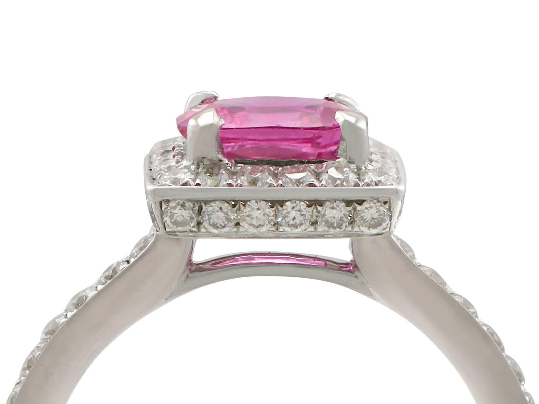 A stunning 1.27 carat pink sapphire, 0.60 carat diamond and 18 karat white gold halo style cocktail ring; part of our diverse antique jewelry and estate jewelry collections

This stunning, fine and impressive pink sapphire ring has been crafted in