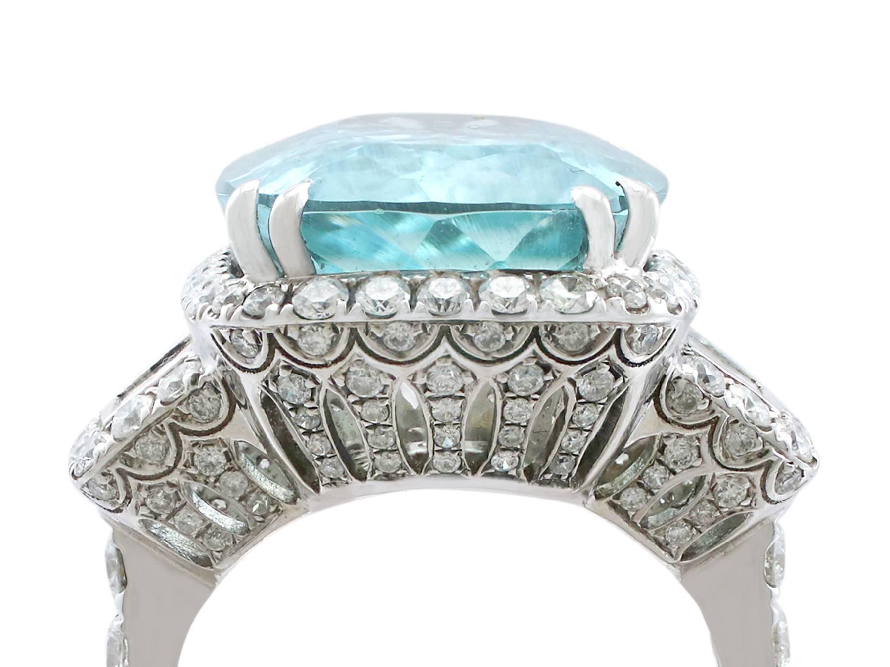 A stunning, fine and impressive vintage 15.01 carat aquamarine and 3.28 carat diamond (total), 18 karat white gold dress ring; part of our diverse gemstone jewelry collection

This stunning, fine and impressive large aquamarine ring has been crafted